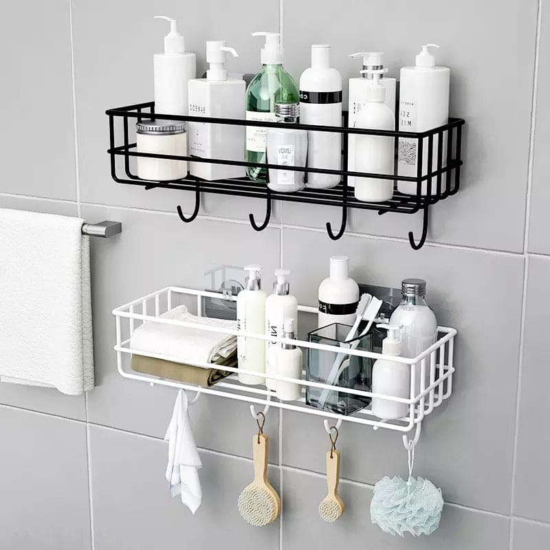 Wall Mounted Bathroom Hanging Shelf, Iron Shampoo Holder, Wall Mounted Floating Rack With Hooks, Bathroom Shower Storage Rack Wall Mounted Bathroom Hanging Shelf, Iron Shampoo Holder, Wall Mounted Floating Rack With Hooks, Bathroom Shower Storage Rack